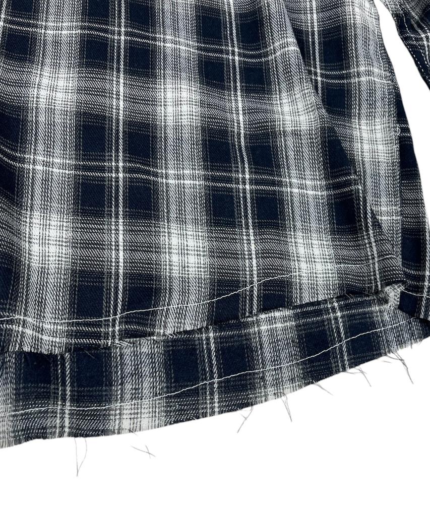 SK8ER ROCK Cross Cut-Off Tartan Check Hoodie Shirt ((Navy))