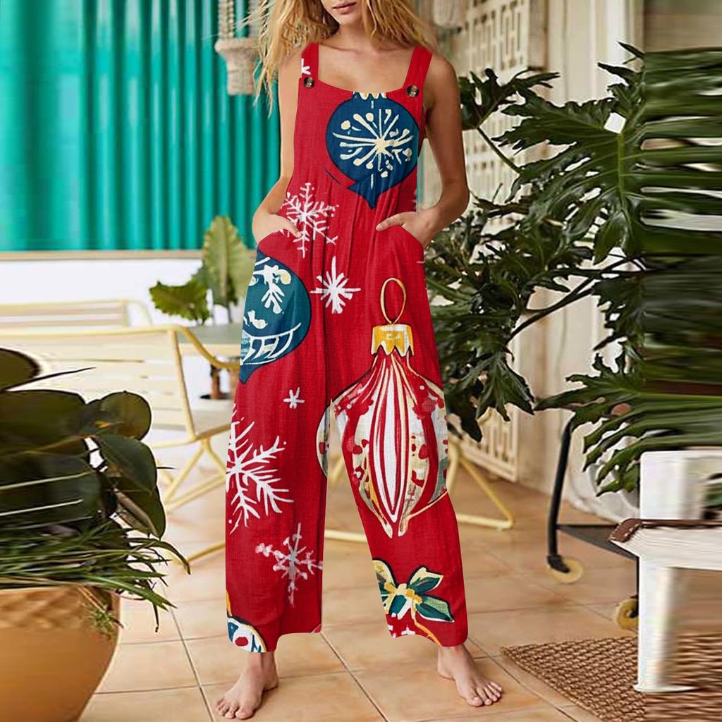Женский модный повседневный винтажный комбинезон без рукавов с рождественским принтом на пуговицах