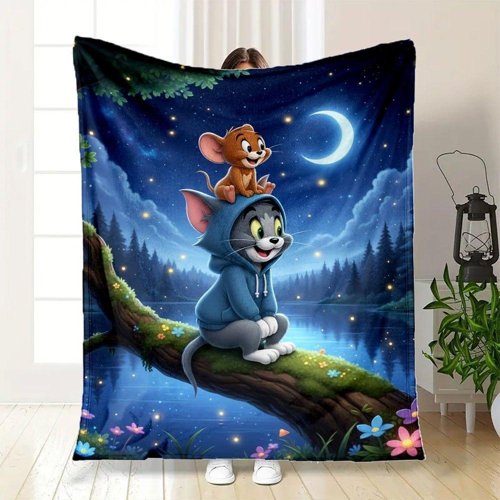 "Tom & Jerry Night Adventure Hoodie"Blanket Flannel Throw Blanket for Sofa, Bed, Travel, Camping, Office