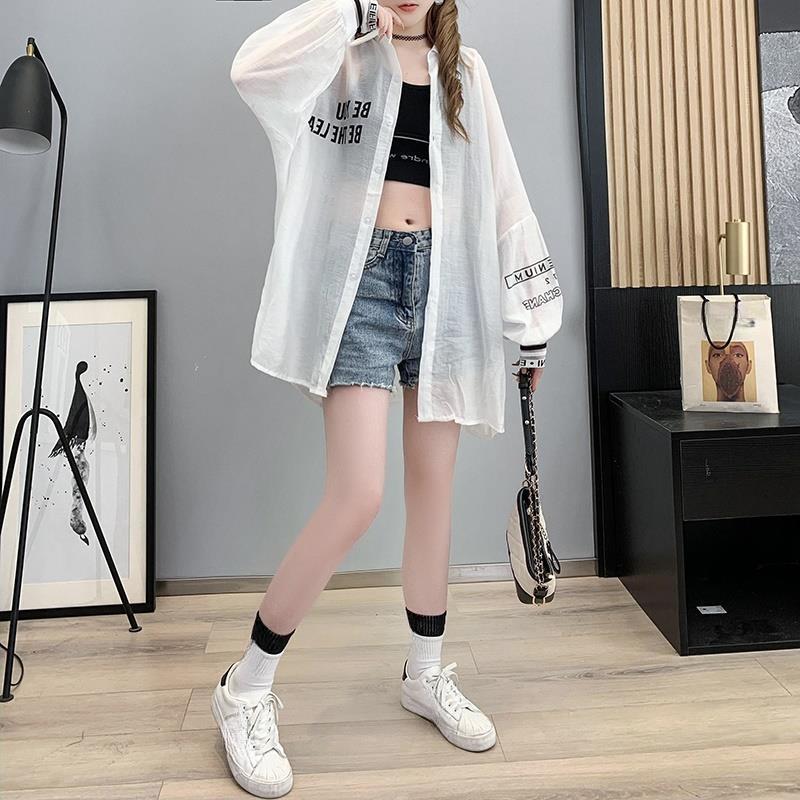 Большие размеры Женская рубашка весна-лето с длинным рукавом Защита от солнца Кардиганы Свободные топы Белый Черный