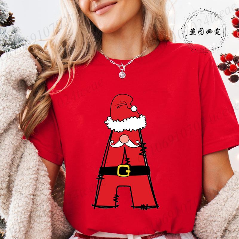 Summer Y2k Women T-shirt Christmas Santa Alphabet A~Z Printed Female Clothing Short Sleeve Tops Christmas Santa Party Tee Shirts