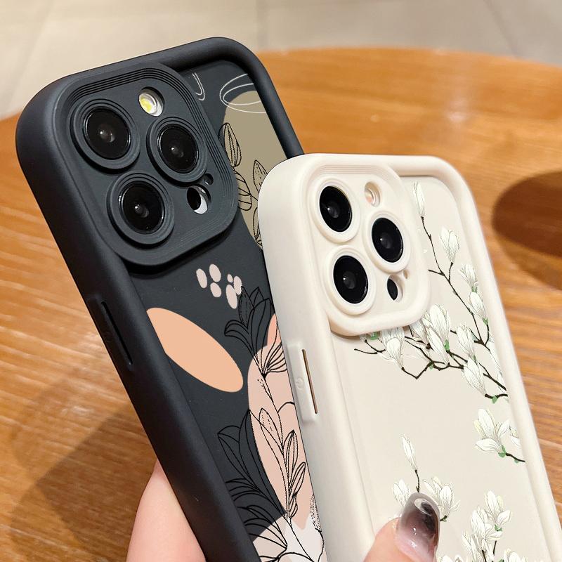 White Magnolia Pattern Phone Case For iPhone 16 15 14 Pro Max 15 16 Plus 12 13 Pro 11 16E Candy Color Shockproof Silicone Cover