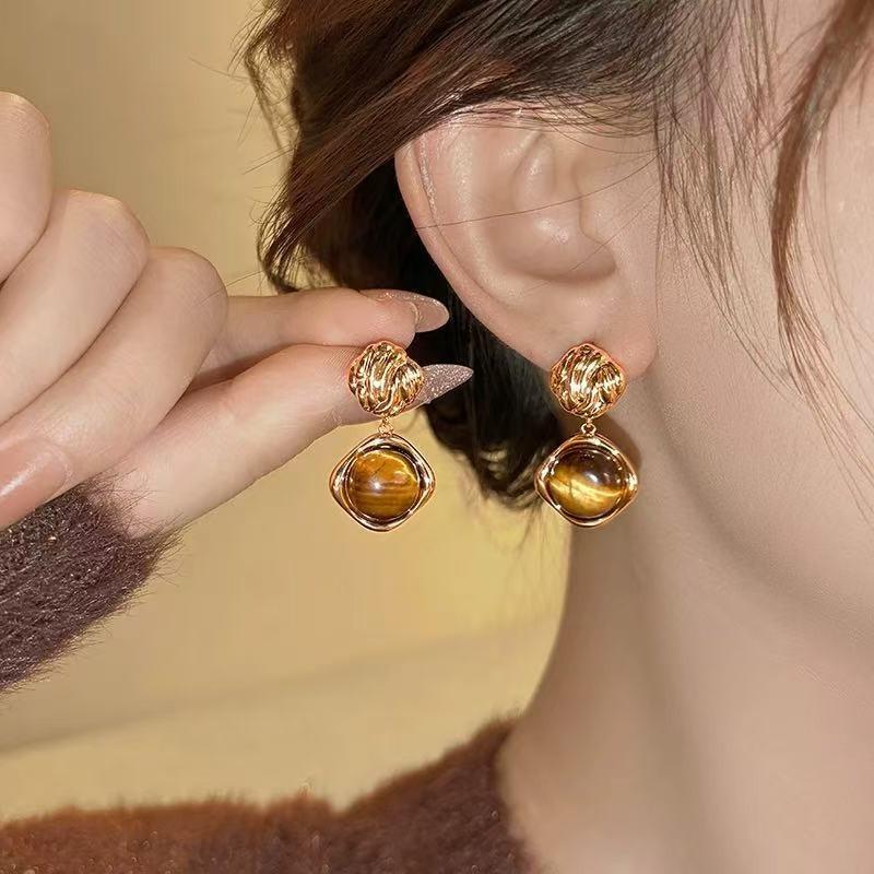 Серебряные серьги-гвоздики с геометрическим круглым кулоном из камня тигровый глаз, ретро-дизайн в стиле Маллар, персонализированные нишевые серьги