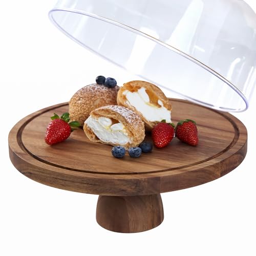 Cake Stand with Lid, Multifunctional 12-inch Round Cake Holder, Acacia Wood 2-in-1 Dessert Table Display Set, Charcuterie Board for Cheese and Fruit,