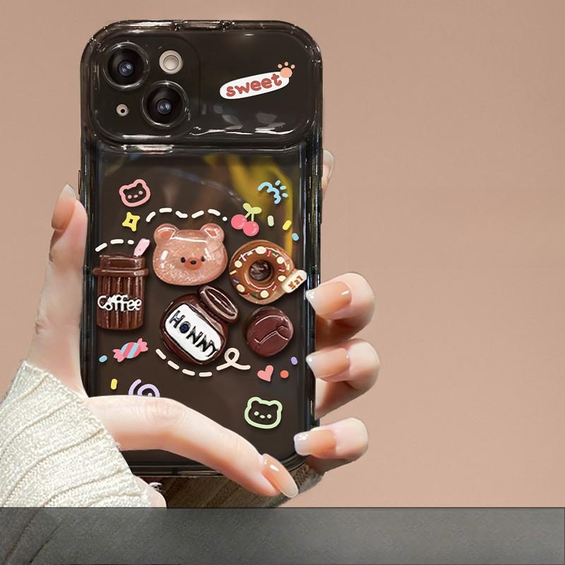 Подходит для Apple 14promax Чехол для мобильного телефона iPhone 13 Coffee Bear Трехмерная кукла-подвеска Flip Mirror 12 Soft