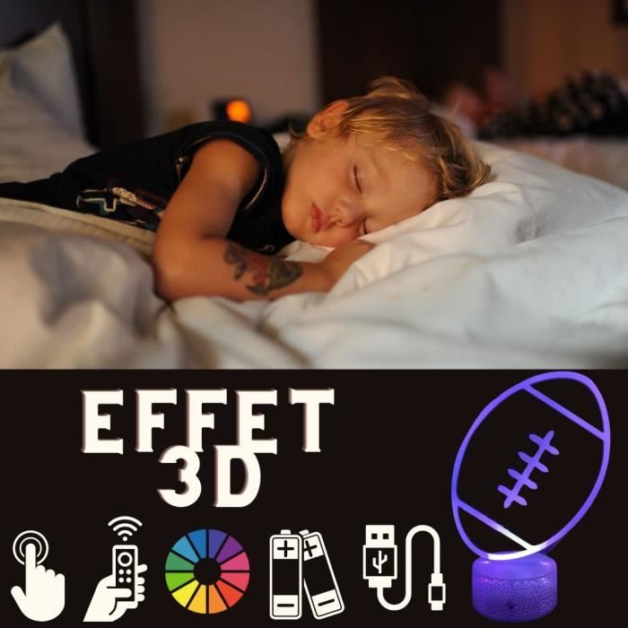 Lampe De Chevet 3D LED - Veilleuse Rugby - Multicolore - Tactile - Télécommande - Décoration Enfant