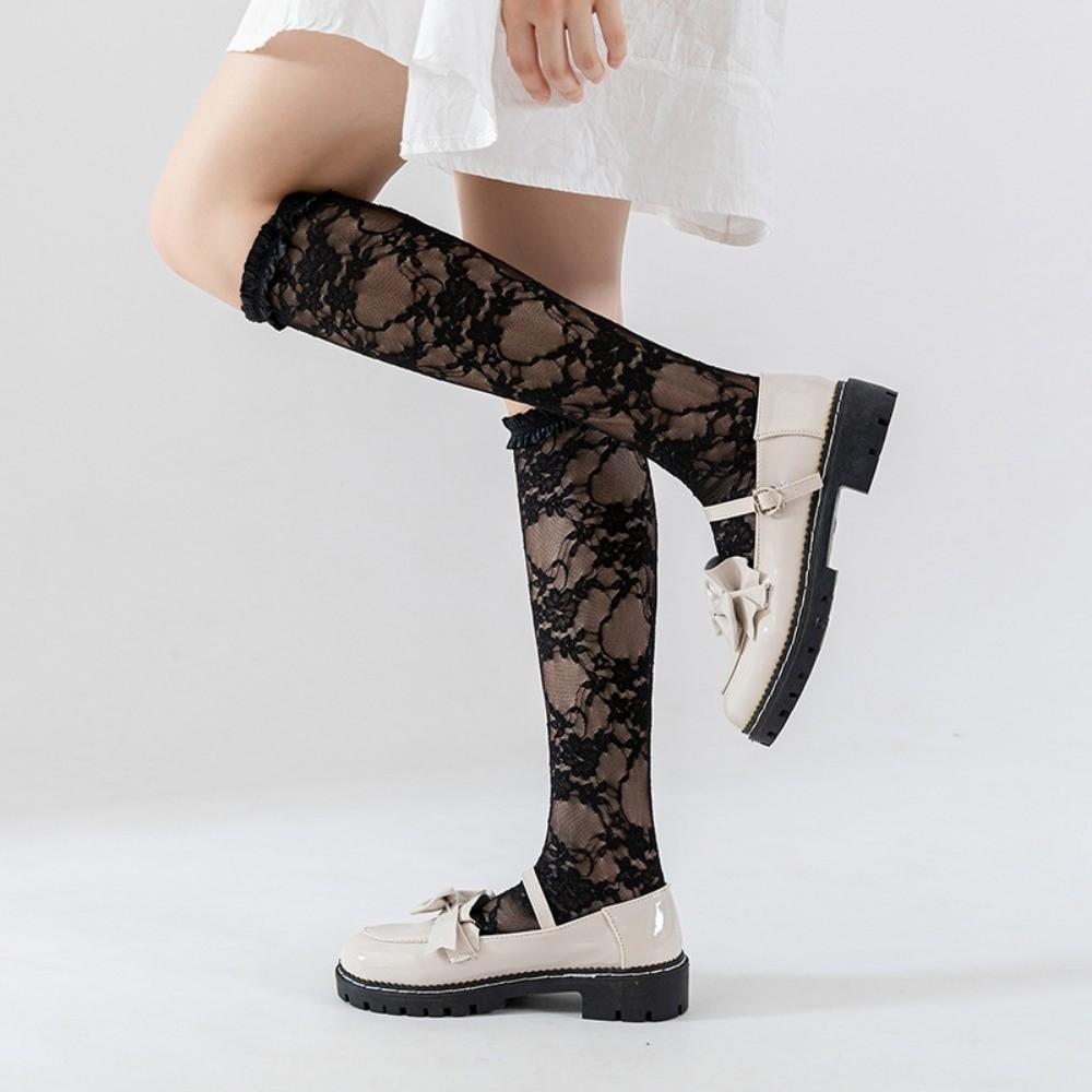 Ruffle Lolita JK Mid-Calf Socks Mid-Calf and Long Net Socks Flower Leg Warmers Transparent Hollow Out Lace Silk Hosiery
