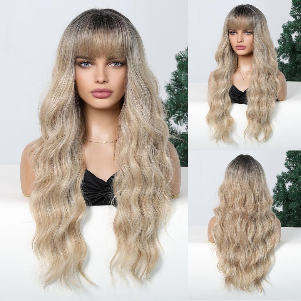 LOUIS FERRE Серо-коричневый Ombre Блондинка Волнистые парики Длинный вьющийся парик с натуральной волной для женщин Накладные волосы с челкой Ежедневный парик из волокна для косплея