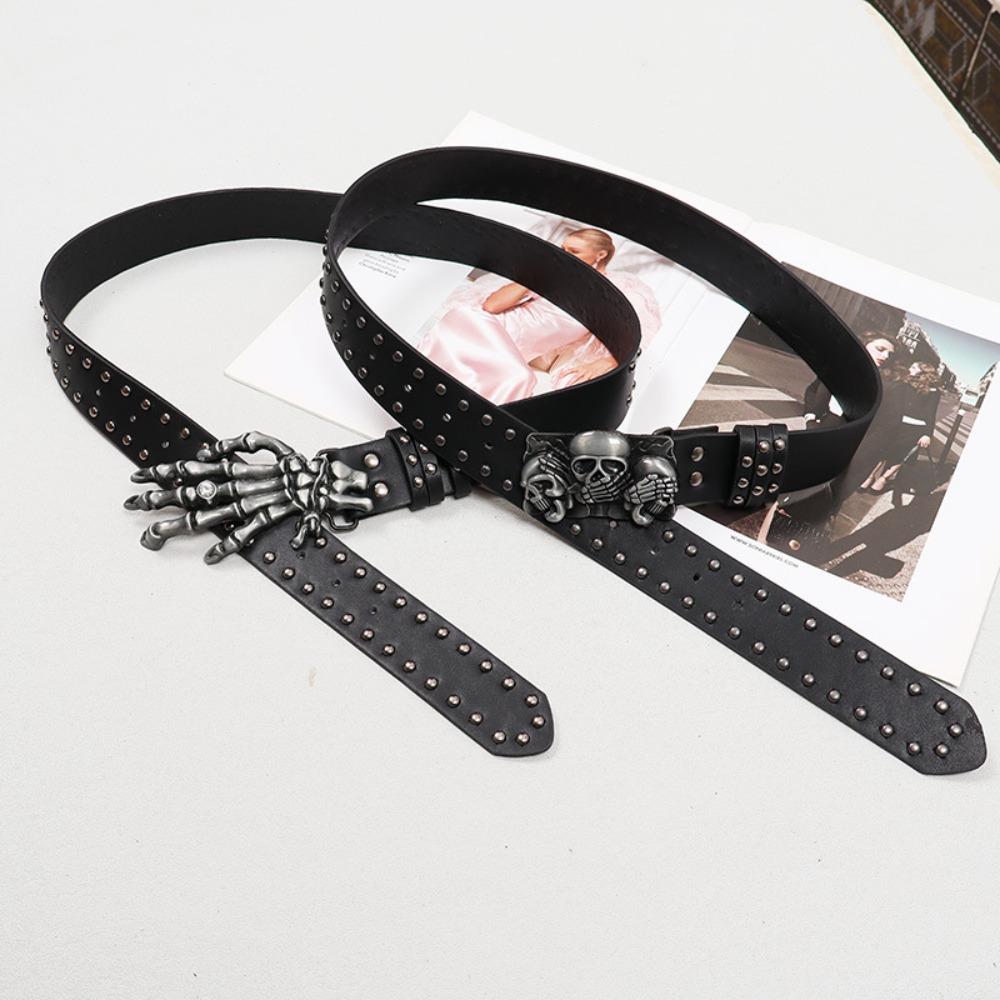 Cool Skull Wide Waistband Y2K Skeleton Fingers Belt Strap Buckle Black Rivet Belt  Couple
