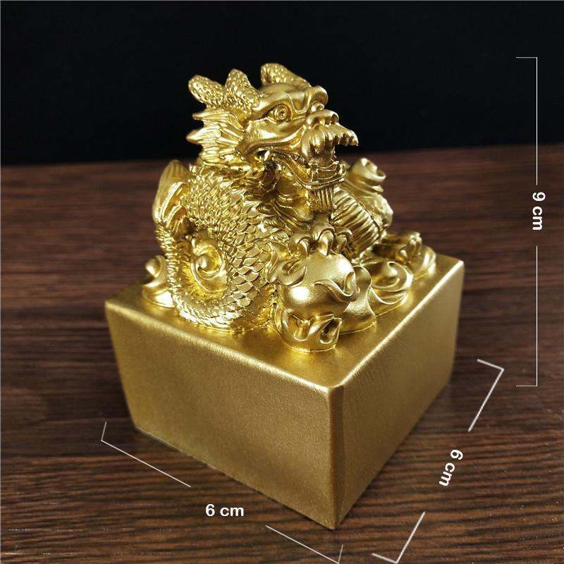 Golden Chinese Dragon Statues Figurine Big Imperial Jade Seal Resin Craft Feng Shui Year Zodiac Dragon Sculpture Home Decoration
