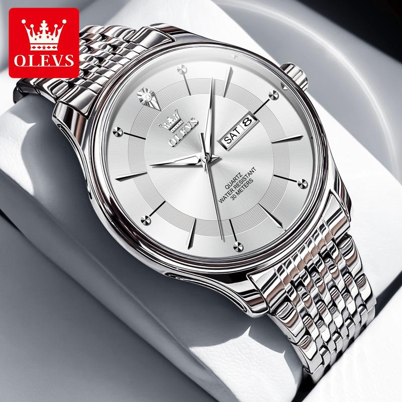 Мужские водонепроницаемые светящиеся кварцевые часы из нержавеющей стали с двойным календарем, простые деловые модные часы с большим циферблатом