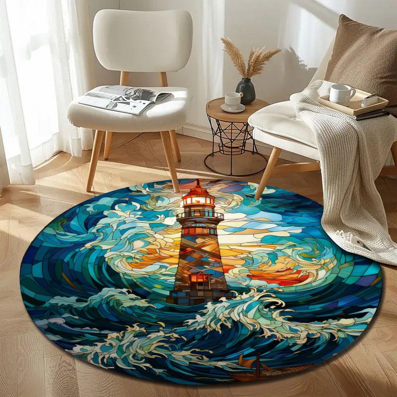 Handmade Style Round Moon Multicolor Floor Rug, Non-Slip Floor Mat for Laundry Room