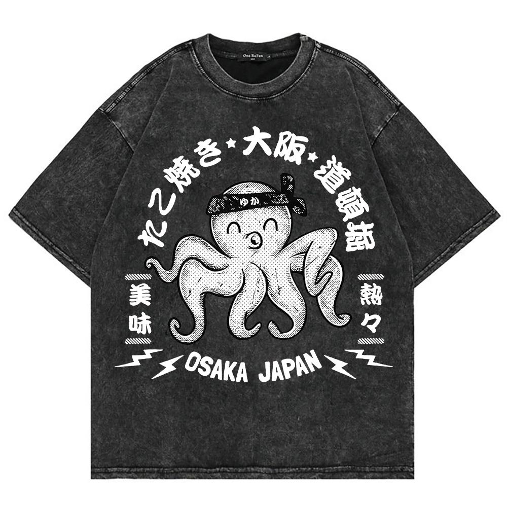 Cotton Vintage Washed Osaka Dotonbori Drunken Octopus T Shirt Hot Fashion Men Takoyaki Oversize Loose Acid Wash Tees Shirts