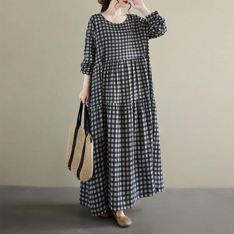 Spring Vintage Floral Print Maxi Dress Plus Size Women Loose Oversize Long Sleeve Casual Basic Long Dress