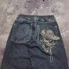 Men's Skull Print Wide-Leg Jeans - Blue American Street Style