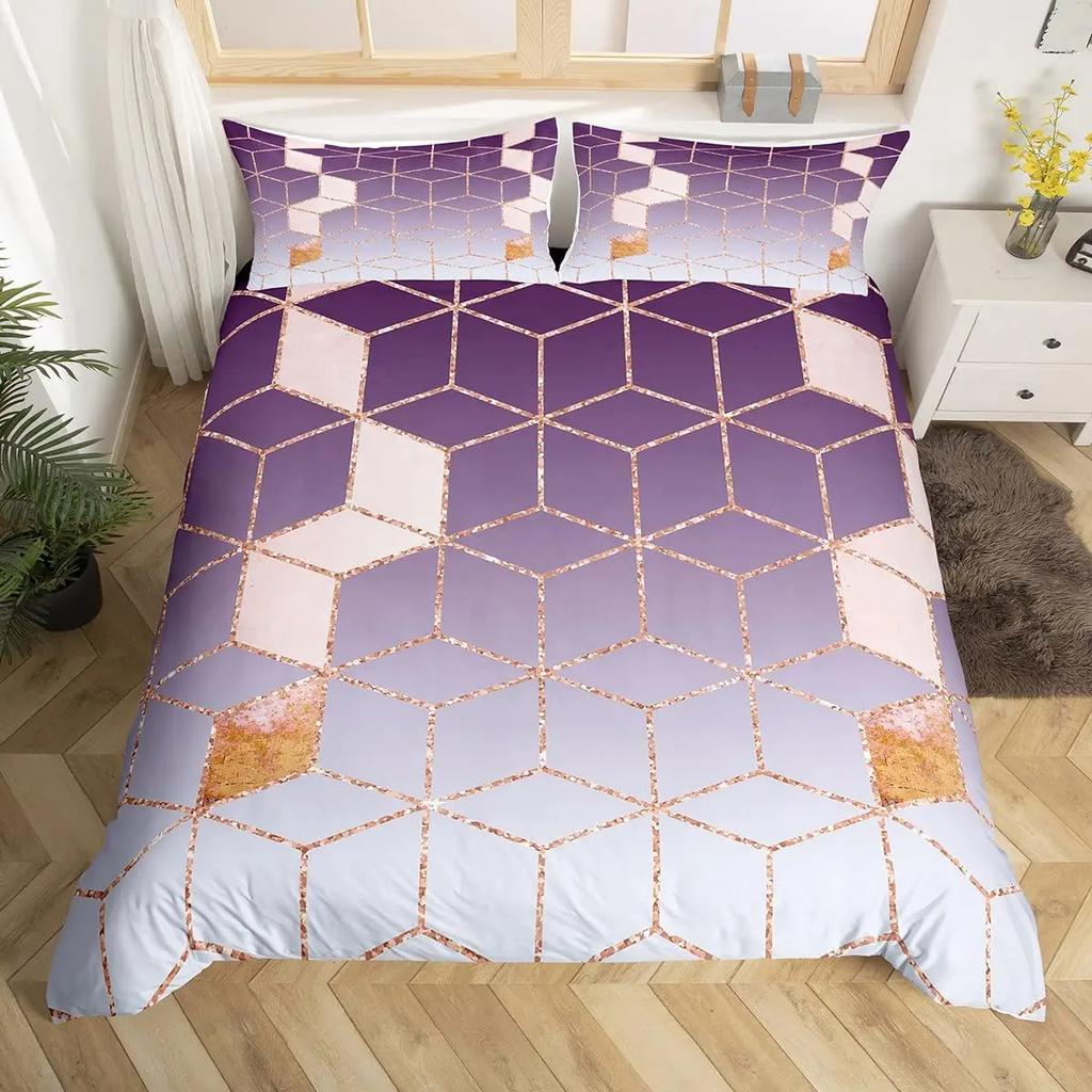 Geometry Ombre Duvet Cover Full King,Honeycomb Marble Geometric Bedding Set For Teen Girls Women Diamond Hexagon Comforter Cover