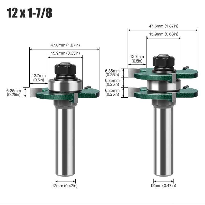 Набор фрез для сборки соединений типа «шип-паз» для резки дерева, 2 шт., хвостовик 12 мм, 1/2 дюйма