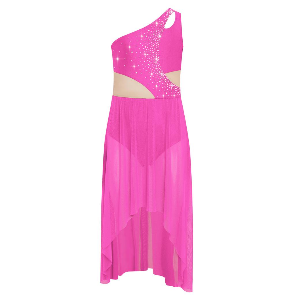 Девочки Лирический Танцевальный Костюм Блестящие Стразы Одно Плечо Без Рукавов Вырез Высокий Низ Легкое Сетчатое Платье Танцевальная Одежда