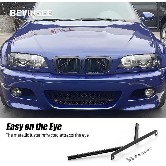 Bevinsee Передняя решетка V-образная накладка Стойки Почки Стойки Стержни Тюнинг-планка Совместимо с BMW E46 323i 325i 328i 330i 1999-2006, Высокопрочная сталь, Черный
