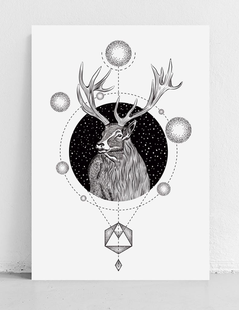 Plakat czarnobiały jeleń geometria