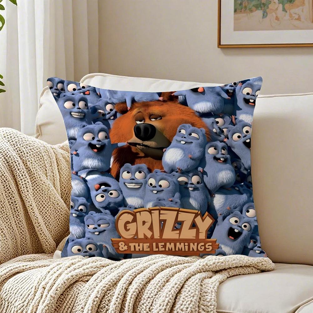 Cute Fun Cartoon GGrizzly And LLemmings Cushion Cover Linen Pillowcase Soft for Sofa Bed Home Room Decor