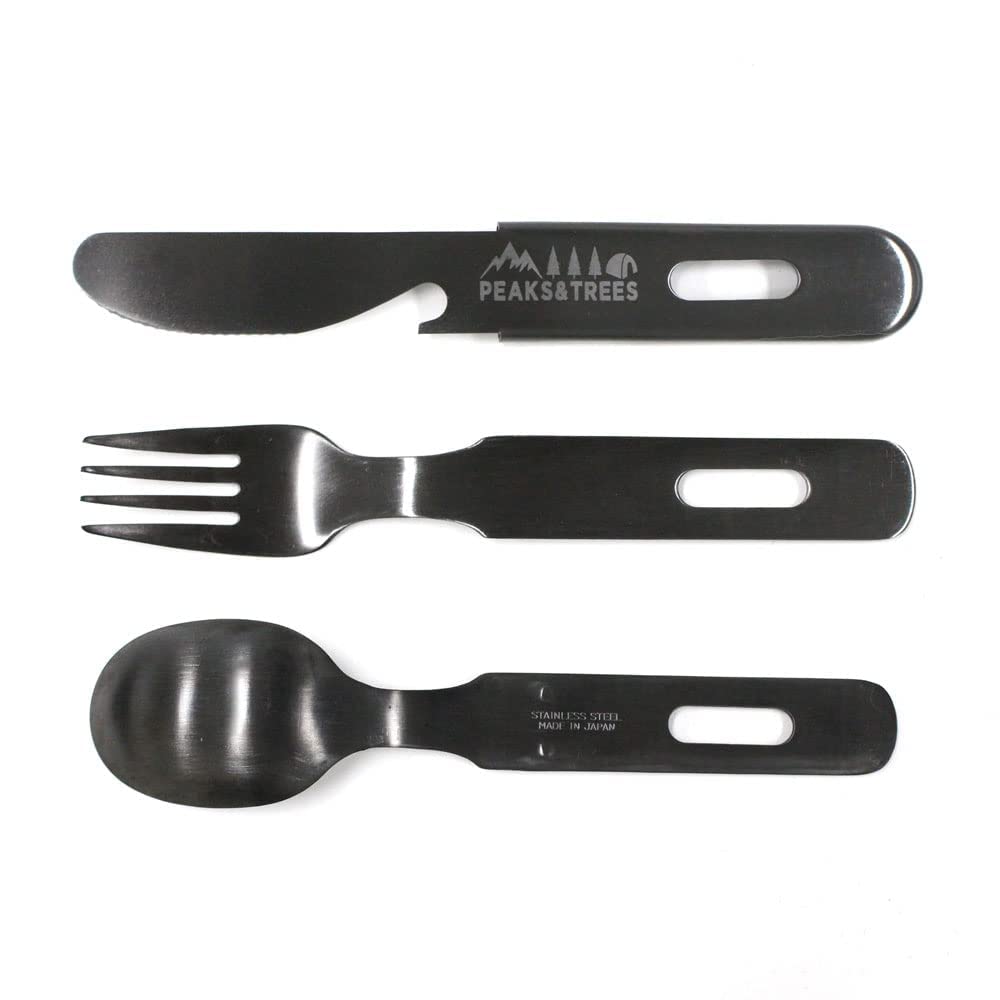 Outdoor Camping Black Oxide and Stainless Steel PEAKS&TREES Cutlery, Finish, 3-Piece Set, Spoon, Fork, Knife,