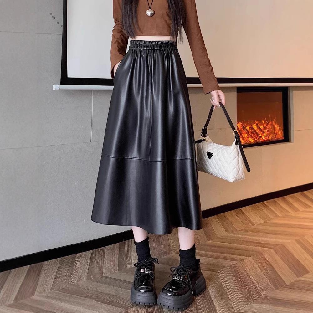 Women's Black PU Leather Midi Skirt - Spring/Autumn High Waist Pleated A-line with Hip-covering Slimming Design
