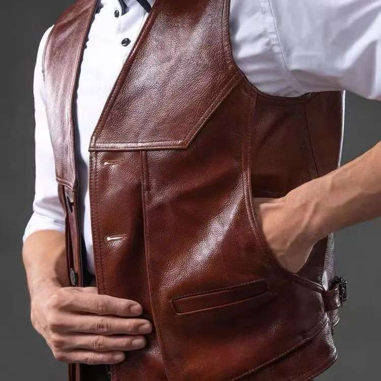 Real Leather Vest for Men Top Layer Cowhide Multiple Pockets Slim Fit Plus Size Leather Vest Retro Leather Camisole Shoulder Clip