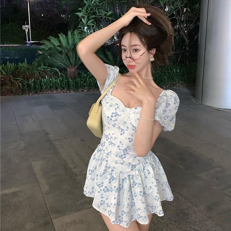 Летнее платье с цветочным принтом для женщин, мини-платье с квадратным вырезом и высокой талией для девочек