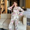Striped Geometric Design Line Style Printed Ice Silk Women's Pajamas Luxury Satin Chic Pajamas Set Sweet Pajamas