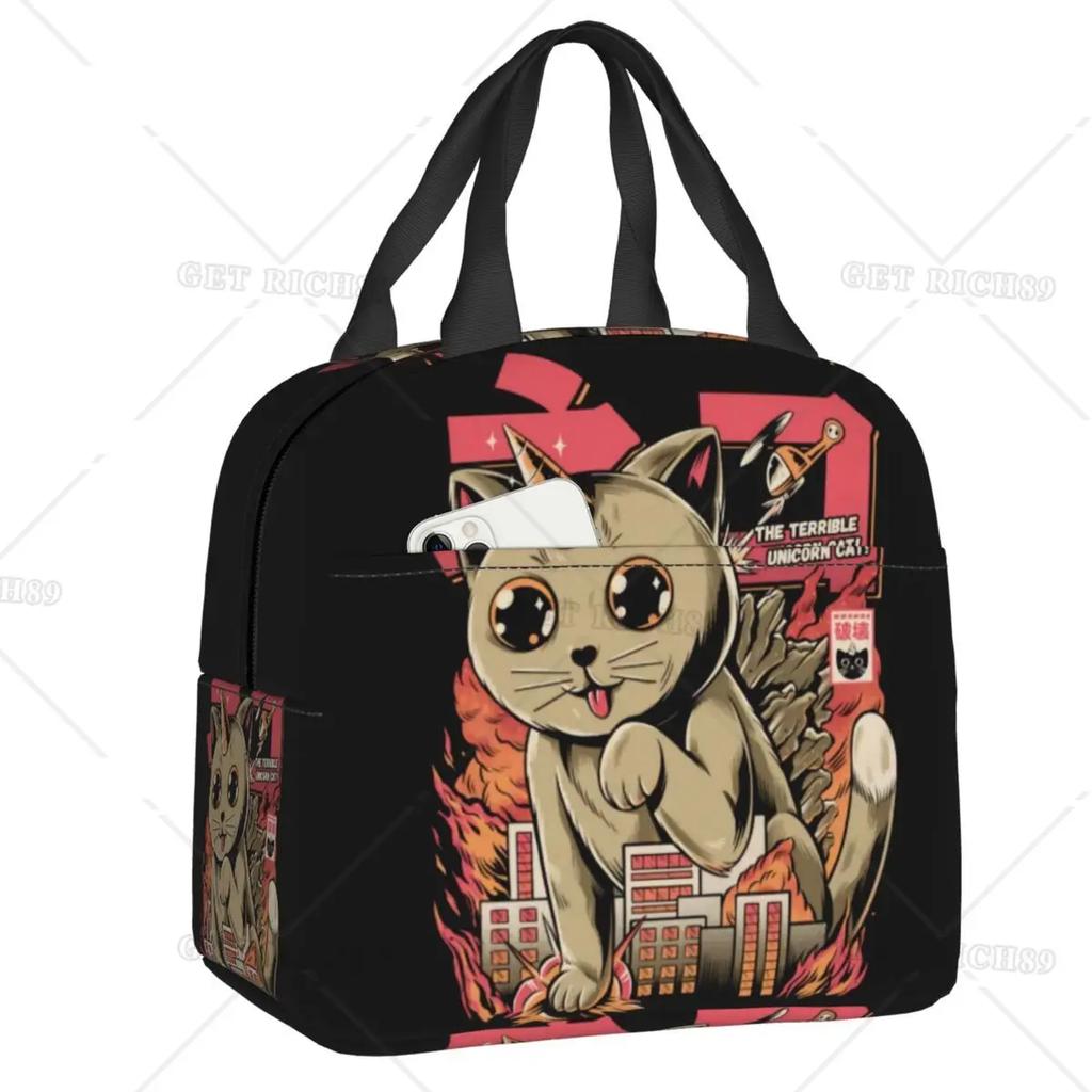 Satanic Cat Insulated Lunch Bag Waterproof Thermal Cooler Lunch Box with Side Pocket for Women Men Kids Camping Travel