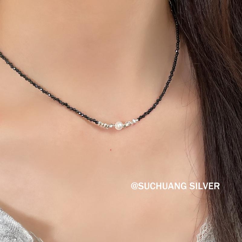 Su Chuang Серебряное ожерелье S925 с жемчугом и черным шпинелью - Женская цепочка на ключицы в стиле легкой роскоши