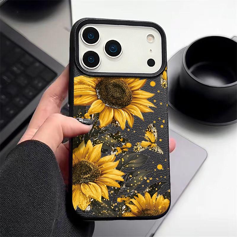 Чехол для телефона из ТПУ с текстурой кожи для iPhone 17 17e 16e 16 15 Pro Max 14 13 Pro Max 11, с рисунком подсолнуха, мягкая силиконовая задняя крышка