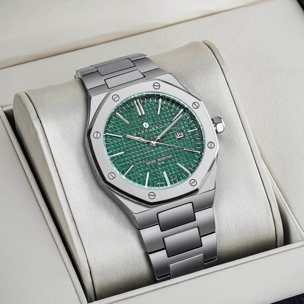 SAPPHERO Восьмиугольные Водонепроницаемые Светящиеся Наручные Часы из Нержавеющей Стали Роскошные Аналоговые Кварцевые Часы с Отображением Даты Платье Деловые Часы Повседневная Роскошь