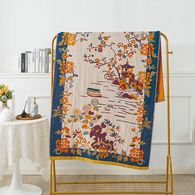 90 X180cm Absorbent Quick Drying Floral Large Bath Towels 4 Layer Gauze Towel Cotton Blanket Boho Jacquard Air Conditioning Thin Comforter Blanket 1pc