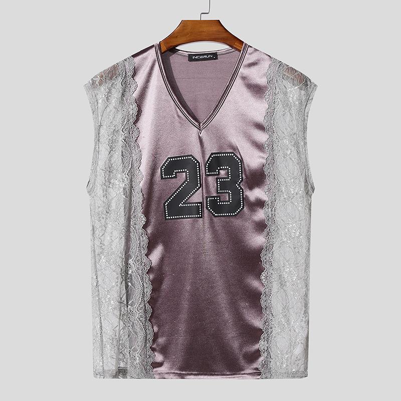 INCERUN Мужские майки без рукавов с V-образным вырезом, кружевной отделкой и буквенной вставкой в стиле пэчворк, повседневные