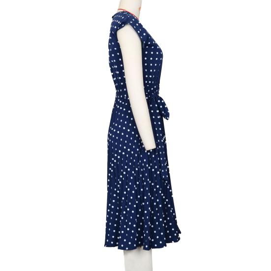 Women Polka Dot Print Midi Dress Crewneck Short Sleeve A-line Dress with Belt Summer Beach Swing Sundress
