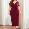 Women Dress V Neck Plus Size Short Sleeve Belted Tight Waist Solid Color Sheath Slim Fit Mid-calf Length Soft Evening Dress Formal Midi Dress