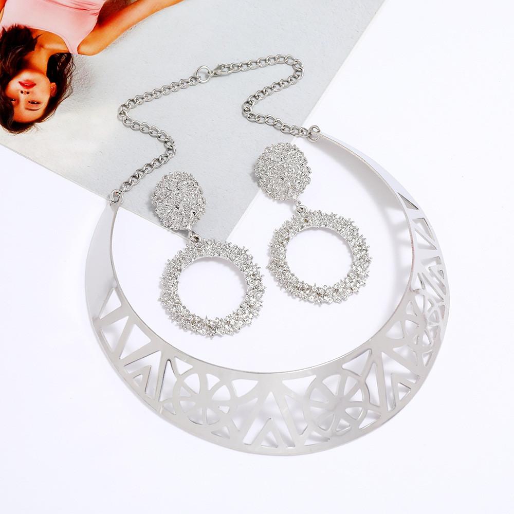 Solid Fashion Color Hollow Design Women Metal Necklace Collar Round Earring Set