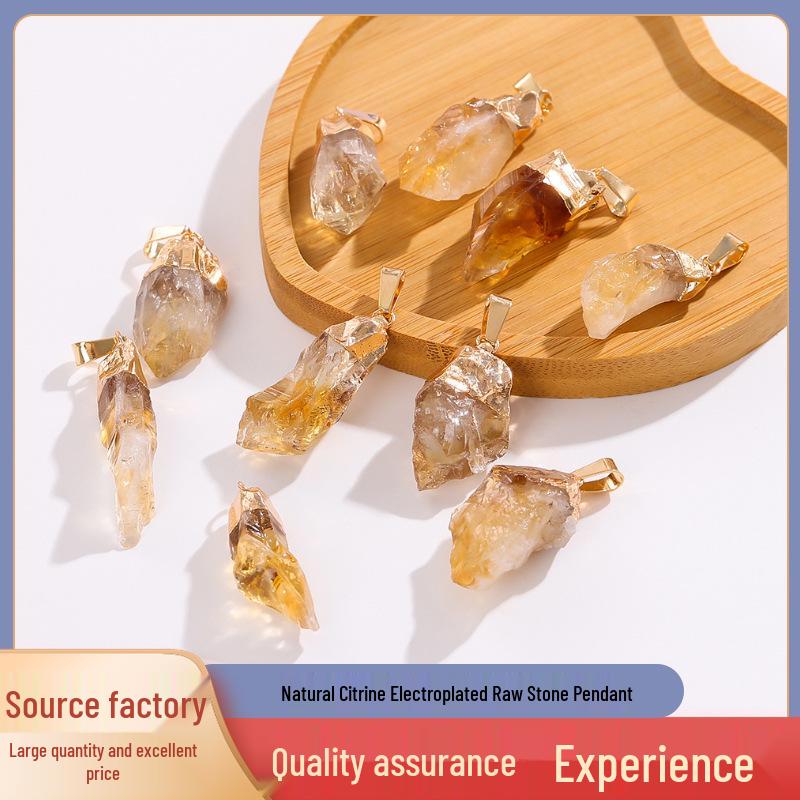 Natural Citrine Crystal Chip Electroplated Raw Stone Pendant Necklace