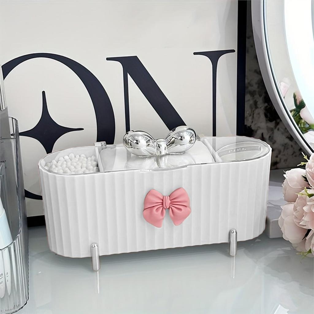 Cosmetic Storage Box Cute Bow Design 3 Grid Transparent Cover Suitable Stick Puffs and Cosmetics Suitable Bathroom Decoration