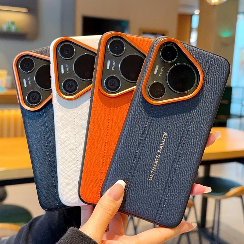 Роскошный Чехол-Дизайн из Кожи с Текстурой Крокодила для Huawei Pura 80 70 Pro, Ультратонкий, Оранжевое Кольцо Камеры, Ударопрочный Чехол