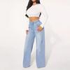 High Waist Light Blue Women's Wide Leg Drawstring Denim Jeans