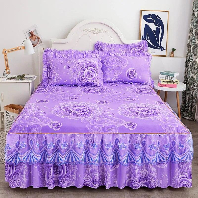 3pcs Set Skin-friendly Lace Bedspread Princess Double Layer Lace Bed Sheet Anti-slip Bed Cover with 2pcs Pillowcase