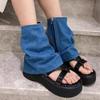 Сексуальные шлепанцы, сандалии, джинсовые синие ботинки на плоской платформе, женские туфли на плоской подошве в римском стиле, черные, белые