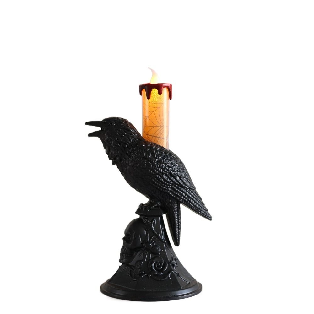 Gothic Raven LED Candles Realistic Table Lamp Black Crow Statue Glowing Candlestick  Halloween