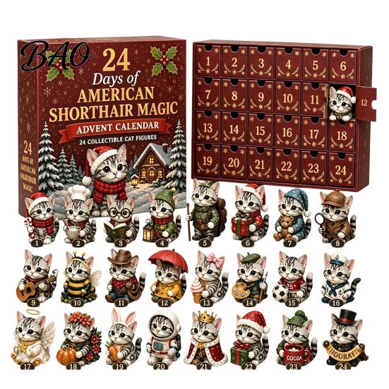 Miniature Cat Ornaments 24 Days Christmas Advent Calendar with Acrylic Figurines, Countdown Festive Window Display for Lovers, Decorative Kitten