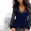 Women's V-neck Lace Long-sleeved Casual T-shirtsexy Clothes Solid Color Black T-shirt