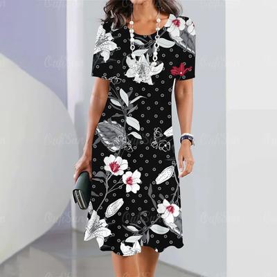 Женская одежда с короткими рукавами, платья, женская одежда в стиле ретро, ​​платье с 3d цветами, свободные юбки трапециевидной формы с круглым вырезом, летние красные наряды