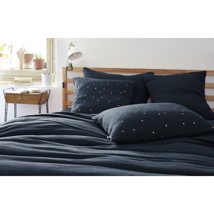 Golden Polka Dot Decorative Pillowcase "Gaïa Chic" 60 X 60 Cm &; 50 X 70 Cm "Cotton Gauze" - Gaïa Chic Minuit - 60 X 60 Cm